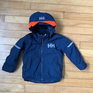 Helly Hansen Kids Navy Blue Orange Hooded Rain Jacket Size 92/2 Reflective HH